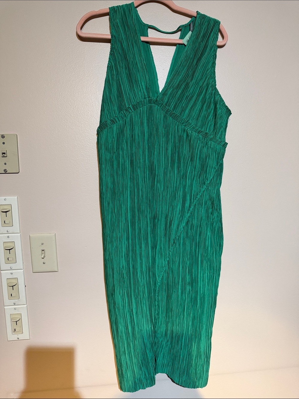 Anthropologie Emerald Green Pleated V-Neck Midi Dress